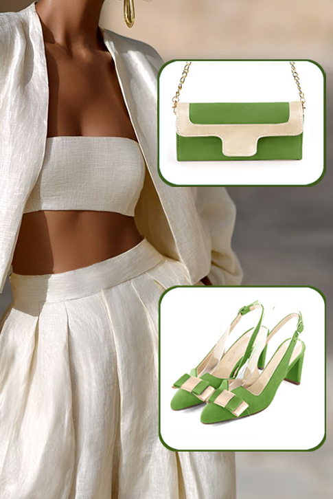 Women's grass green and gold elegant slingback heels, with a bow on the front. Tapered toe. Medium spool heels - Worn view